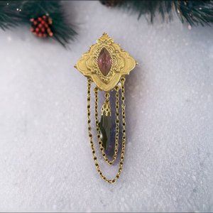 Vintage Beautiful Drop Chain Brooch Green Crystal Gold Color Unsigned